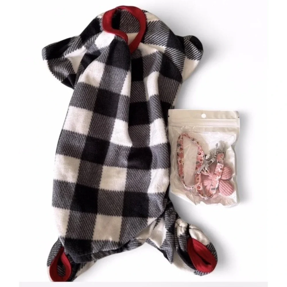 Cozy Warm‎ Fleece Dog pajama and flower adjustable pink collar , Small Breed dog